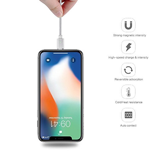 Magnetisches iPhone Lightning Kabel Ladekabel,EVIISO Apple PowerLine 2.4A 1M/3.3ft Nylon Magnetic Adapter,USB Charger Ladekabel Lade Sync Daten,Magnetisch Stecker für iPhone 7,7 Plus,6S,6S Plus,6 Plus,6,5S,5C,5,SE,iPad,iPad Mini,Air iPod (2 Pack Silber) - 2