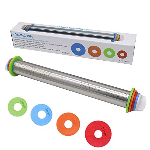 FUKTSYSM Rolling Pin - Stainless Steel Rolling Pin 17 inch Adjustable Rolling Pins for Baking Cookie Chapati Fondant Dough Pastry Pizza Pie Crust, Stainless Steel Roller Pin