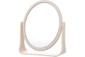 DVHOK Schreibtisch Make up Spiegel, 360° Drehbar Doppelseitig Tischspiegel für Bad, Schlafzimmer, Büro, 19 X 16 cm Rund Stehspiegel, Beige