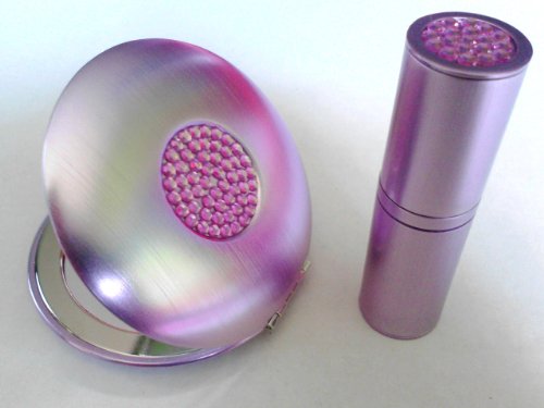 Pink / Lilac Brushed Metal Compact Mirror & Atomiser Gift Set - Encrusted With Pink Gems