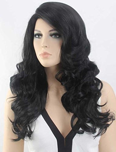 Tsnomore Fashion Long Curly Natural Black Side Part Kanekalon Women Wig