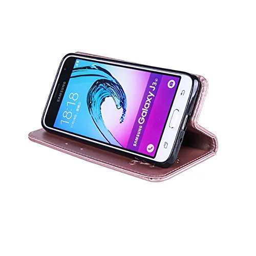 SKYXD für Samsung Galaxy J3 2016 Hülle Leder Rosen Blumen und Schmetterlings Muster,PU Folio Klappbar SchutzHülle [Brieftasche Kartenfach / Magnet / Standfunktion / Trageschlaufe] KlappHülle für mit [Katze Handyanhänger + Eingabestift] 3 in 1 Zubehör Set Handy Tasche Etui für Samsung Galaxy J3 2016 J320F J3 Duos Bookstyle Flip Case Leather Cover With [Stylus and Dust Plug]- Roségold - 5