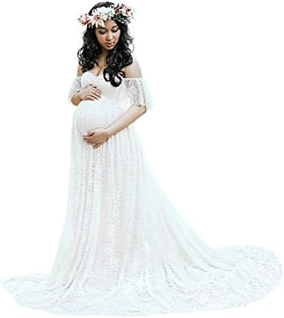 Sunday Elegant Photography Maternity Wrap Dress Women Pregnant Dress Floral Lace Off Shouder Short Sleeve Mermaid Maxi Long Dress For Photo Shoot Wedding Evening Party Gown White (S, White)