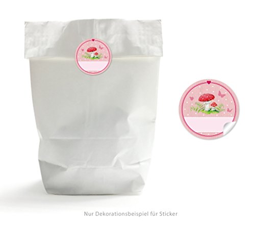 GESCHENKTÜTEN SET: 24 weiße Papiertüten / Wundertüte/ Papiertüten (17 x 26cm) + 24 selbstklebende gemischte Papieraufkleber "GLÜCKSPILZ" in rosa mit illustiertem Fliegenpilz und Freitextfeld für Namen der Gäste • Für ein Mädchen / Junge zum Kindergeburtstag als Gastgeschenk • Für viele weitere Anlässe: Hochzeit, Geburtstag, zum "Glück wünschen", zum Schulanfang, Kindergarten,Taufe, Geburt, bestandene Prüfungen u.v.m. • Sticker / Geschenk-Aufkleber / Etiketten (Format 4 cm, rund, matt)