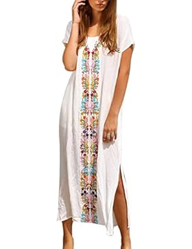 Mangotree Damen Boho Handstickerei Strandkleid Bikini Cover Up Weiß Bluse Sommerkleider Strandponcho Kittel Minikleid