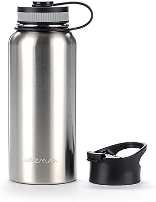 WAZMAN Sports Water bottle, Insulated Stainless Steel Vacuum Double Walled with Wide Mouth and BPA Free for Gym Office Travel Camping Hiking Cycling, 32oz, 2 Lids