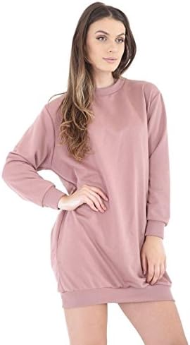 Womens Plain Crew Neck Pockets Long Sleeve Long Sweatshirt ROSE PINK/S-M
