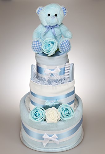 Luxury Baby Boy Three Tier Nappy Cake with Cute Teddy New Born Baby Shower Gift