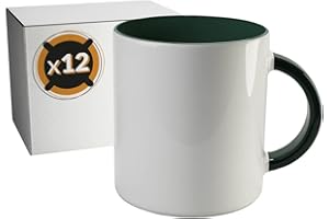 Pixcolor – 12 tazas de sublimación de cerámica blanca con interior de color verde | Caja individual neutra | 350ml (11oz) | Categoría AAA | Aptas para microondas y lavavajillas | Compatible con Cricut