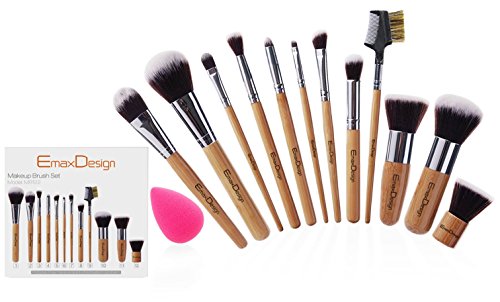 EmaxDesign 12+1 Teilig Make-up Pinselsets, 12 Teilig Bambus-griff Professionell Premium synthetisch Kabuki Foundation Blending Blush Kosmetikpinsel Set + 1 Teilig EmaxBeauty Blender Schwamm - 2