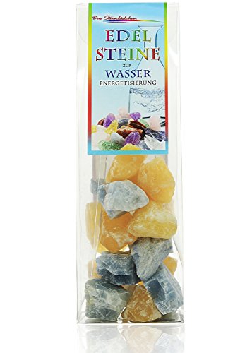 Wassersteine Geschenkbox Set – Stabilität und Stärke – gelber Calcit, blauer Calcit + Broschüre für Edelsteinwasser - 2