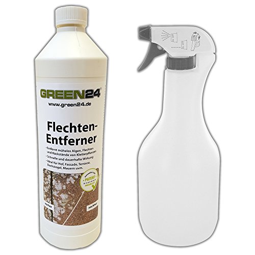 Flechten-Entferner als GREEN24 Set 1000ml Flasche + Schaumsprüher mit Anleitung + Handschutz, auch gegen Haftwurzeln von Kletterpflanzen wie Efeu