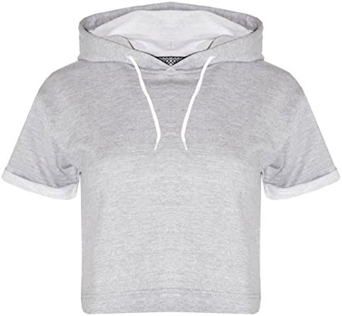Ladies Girls Short Sleeve Hooded Crop Top Jogging Hoodies Gym Exercise Outerwear (H-Grey, S)