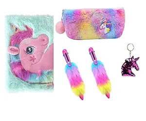 Aashiya Trades Furr Girls Women Girls Kids Unicorn Furr Diary & Furr Feather Pencil Pouch & 1 Furr Pen + Sequin ey Ring