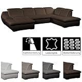 Lieferumfang: Cavadore 5238 -  Wohnlandschaft Claanc, davorstehend: Longchair links, 2,5-Sitzer und Ottomane rechts / Inkl. 6 x Kopfteilverstellung / Füße aus Kunststoff, chromfarben