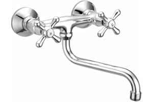 Schläfer 3460110 - Robinet de Cuisine Mural Antique avec Deux Poignets Mélangeur de Cuisine Bec Orientable Robinet Évier de Cuisine Rétro Double Poignées Vintage, Chromé, Argent