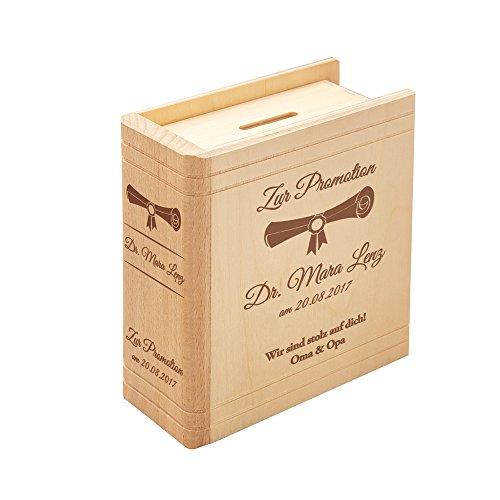Spardose Buch aus Holz – mit Gravur zur Promotion – Personalisiert mit Namen und Datum – Motiv Urkunde – Sparbüchse aus Birkenholz als Geschenk zum Doktortitel – Sparschwein als Abschlussgeschenk - 4
