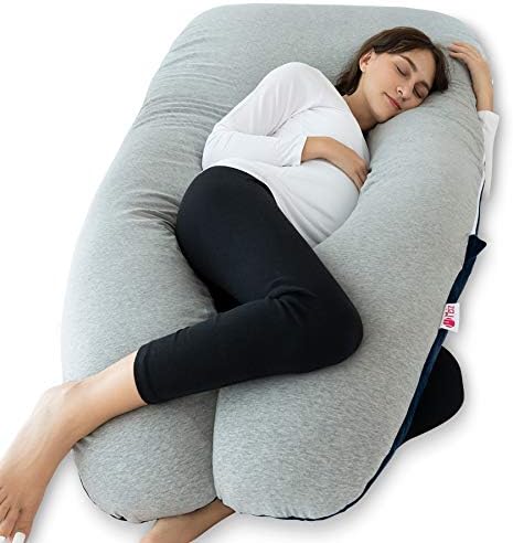 Meiz Cuscino per gravidanza, con rivestimento in velluto e jersey, per donne incinte, per dormire lateralmente e supporto per la schiena, blu e grigio