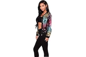 Top Fashion18 Ladies Sequin GlitterMulti Coloured Metallic Summer Festival Party Bomber Jacket Size 8-18