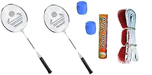 Cosco Badminton Kit 2 Rackets, 2 Grip, 1 Nylon Net, 1 Fieldking Shuttle Cock - Pack of 10
