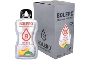 Bolero ICE TEA PEACH 24x3g | Jus en poudre sans sucre, édulcoré à la stévia + vitamine C | pour enfants et sportifs | sans gluten, végétalien | saveur de thé glacé à la pêche