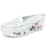 clogs ohne absatz  Solshine Damen Leder Blumen Plateau Keilabsatz Slipper Pantoffeln Weiss2 37EU