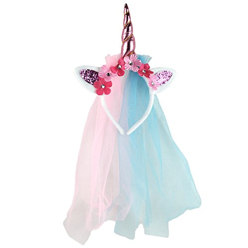 Einhorn Haarreif mit Horn Bling Bling Elastisch Einhorn Blumenmädchen Haarschmuck Blumenstirnband mit Gaze für Hochzeit Party Karneval Fasching JGA