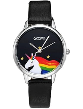 JSDDE Uhren, Cute Farbe Damen Armbanduhr Cartoon Einhorn Design Kleid Uhren Wasserdicht PU Lederband Silber Quarz...