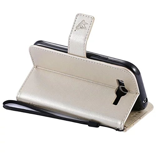 Samsung Galaxy Grand Neo Plus I9060 Hülle Golden im Retro Wallet Design,Cozy Hut Samsung Galaxy Grand Neo Plus I9060 Hülle Leadertasche Premium Lederhülle Flip Case im Bookstyle Folio Cover Kartenfächer Magnetverschluss und Standfunktion Leder Schale Etui für Samsung Galaxy Grand Neo Plus I9060 / I9082 5.0 Zoll Handytasche Schutzhülle Katzen und Bäume Muster – golden - 6