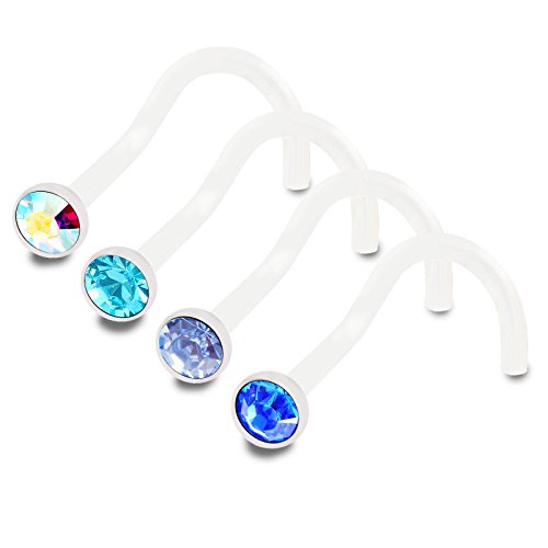 TDi Body Jewellery4pcs 18g 1.0mm Nose Rings Screw Flexible Acrylic Nostril Rings Piercing Jewelry 2.5mm Crystal BPAA Pick Color