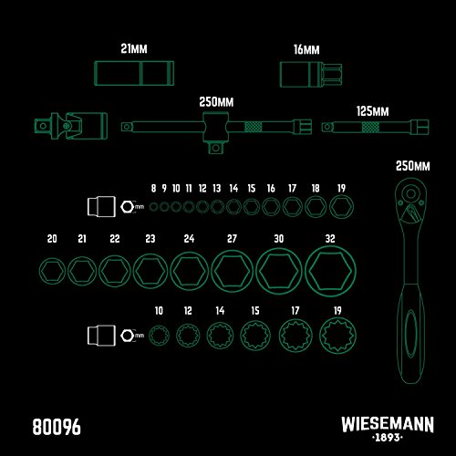 Steckschlüsselsatz 32tlg | WIESEMANN 80096 | Chrom-Vanadium Stahl | Steckschlüssel-einsätze | 1/2″| Knarre | Adapter | Zündkerzen-Einsatz | im Werkzeugkoffer - 6