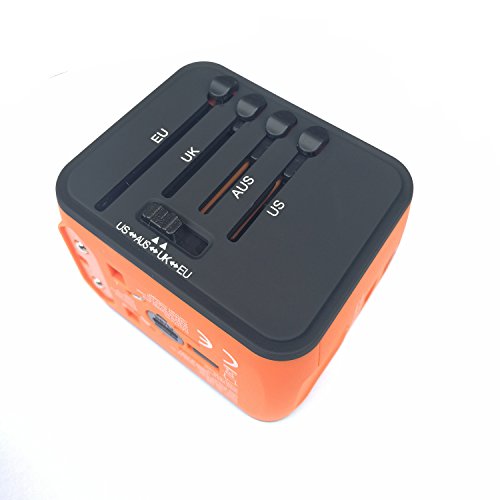 yugee® Modelo 2016 toma de viaje adaptador Universal Adapteur internacional con 2 USB, Adapteur Cargador USB con protección contra cortocircuitos y de tensión 100% seguro para más de 160 Países, EU UK USA Australia Japón China Brasil Argentina etc. Color Naranja con compartimento donnée - Imagen 3