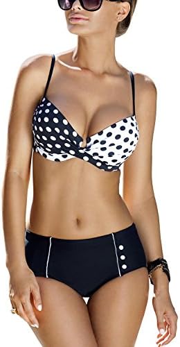 Ewlon Mauritius I women's bikini set underwired padded cups polka dot pattern - made in EU, Size 16, Black