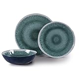 4x Essteller Ø ca. 27,6 cm • 4x Frühstücksteller Ø ca. 23 cm • 4x Schüsseln Ø ca. 19 x 5,2 cm • Farbe: blau-grün • Nahezu unzerbrechlich und kratzfest • Dauerhaft formstabil • Spülmaschinengeeignet • Lebensmittelecht • Geruchs- und geschmacksneutral • Hitzebeständig bis 70°C • Elegantes farbenfrohes Design • Material: 100% Melamin • Gesamtgewicht inkl. Verpackung: ca. 2,3 kg • * Herstellungsbedingte leichte Farbabweichungen können vorkommen.