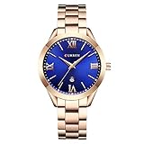 WZFCSAE Frauen Stahl Uhr Damen Luxus Kleid Mode Quarz Armbanduhr Klassische Kristall Gold Armband Frauen Uhr, Rose Gold blau