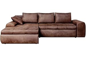 lifestyle4living Ecksofa mit Schlaffunktion und Bettkasten in Braun | Gemütliches Mikrofaser L-Sofa im Vintage-Look mit Stauraum inkl. 4 Rückenkissen