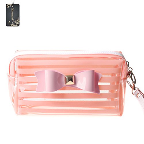 Donalworld Women Stripe Comestic Makeup Bag Bowknot PVC Toiletr Organizer Tote Pink