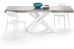 Mobili Fiver, Tavolo Allungabile Emma 140(220) x90 cm, Grigio Cemento con Gambe Incrociate Bianche, Made in Italy