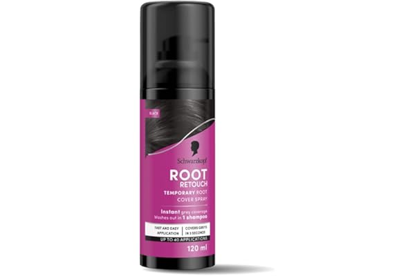 Schwarzkopf Root Retouch Instant Grey Hair Concealer Spray Sweat And Rain Resistant, Matte Finish Perfect Coverage Upto 40 Fast and Easy Applications Unisex For All Hair Types, Black, 120ML