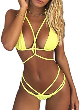 Womens Two Piece Bandage Push Up Swimsuit Thong Bikini Set Bathing Suit (S, YELLOW)