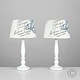 Pair Of - Shabby Chic Traditional White Spindle Base and Cream Vintage Blue Floral Cherub And Heritage Text Design Light Shade Table Lamps ()