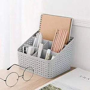 ASUVI Stationary Storage Organiser Stand Cosmetic Box Makeup Holder Basket for Home, Office, Desk, and Study Table with 5 Sections (Grey)