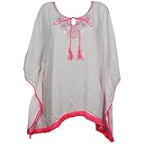 Indiatrendzs Women's Kaftan Top Rayon Solid Embroidered Neckline Neon Pink Cover Up Short Kaftan (Chest 60)