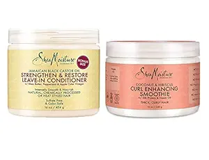 SHEA MOISTURE Strengthen And Restore Leave In Conditioner 475Ml And Coconut And Hibiscus Curl Enhancing Smoothie 350Ml Pack