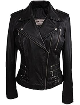 Damen Frauen 100% Echtes Leder Bikerjacke Schwarz Ausgestattet Bikers Stil Vintage Rock
