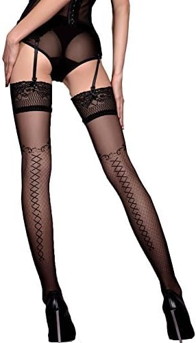 Sexy Black beautiful pair hold ups imprinted criss-cross pattern middle bold criss cross lovely swirl silicon straps ladies hosiery 421 Plus size S/M L/XL UK (L/XL)
