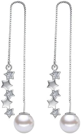 Dreamy Women Pearl Moon Thread Earrings Zirconia Leaf Earrings 925 Sterling Silver Hoop Earrings