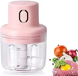 MAHANTAM Electric Garlic Chopper, Wireless Portable Food Chopper USB Charging Port, 250ml Waterproof Food Processor, Rechargeable Mini Garlic Grinder for Chili Onion Vegetable Nuts Meat (White, Pink multicolor)