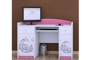 ‎HAPPY BABIES Happy Babies Schreibtisch Kinder mit Stauraum 125x89x60 Computertisch mit Tastaturablage weiß Rosa Möbel für Kinderzimmer mit Schubladen Muster Kleiner Elefant