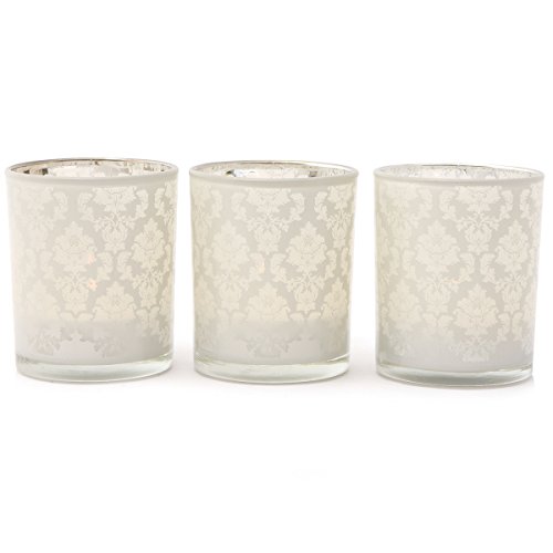 3 Teelichthalter Glas weiß silber mit Ornamenten extravagant
